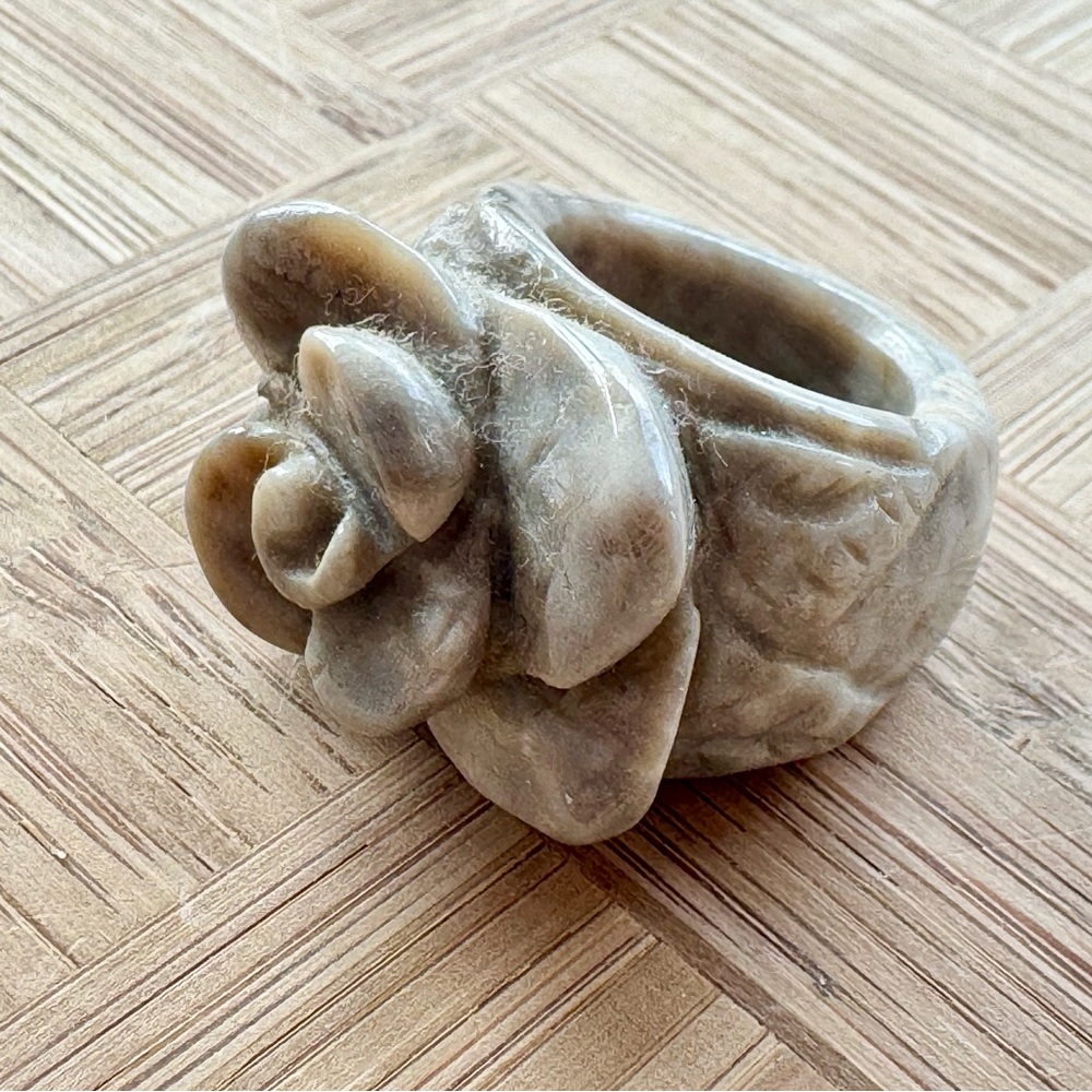Hand-Carved Flower Ring Agatized Coral